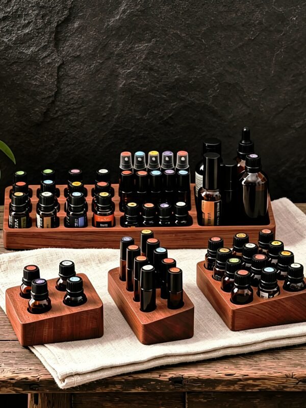 Sapele Wood Essential Oil Organiser: Tiered Display Stand, 9/12/16 Slots